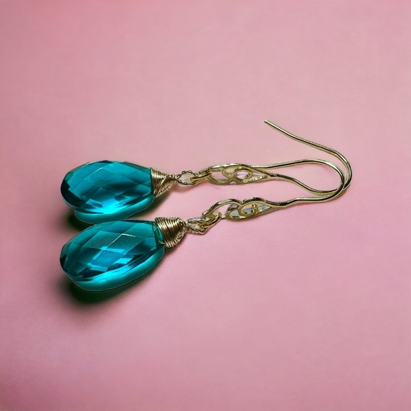 Paraiba Teal Tourmaline Earrings 14K Yellow Gold Vermeil , October Birthstone - Picture 4 of 7